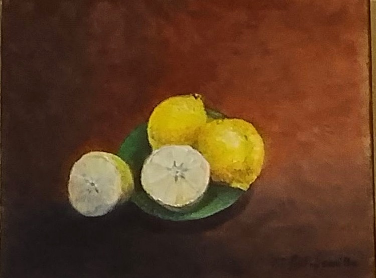 Nature morte aux citrons — huile sur toile, trois citrons sur fond ocre