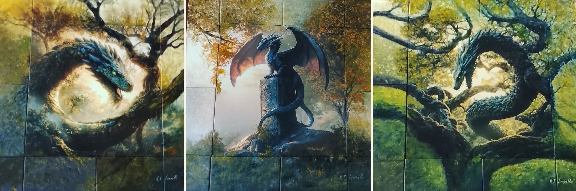 Les Dragons de la Forêt — triptyque hybride Dibond et huile, trois visages d'un dragon niché dans les branches