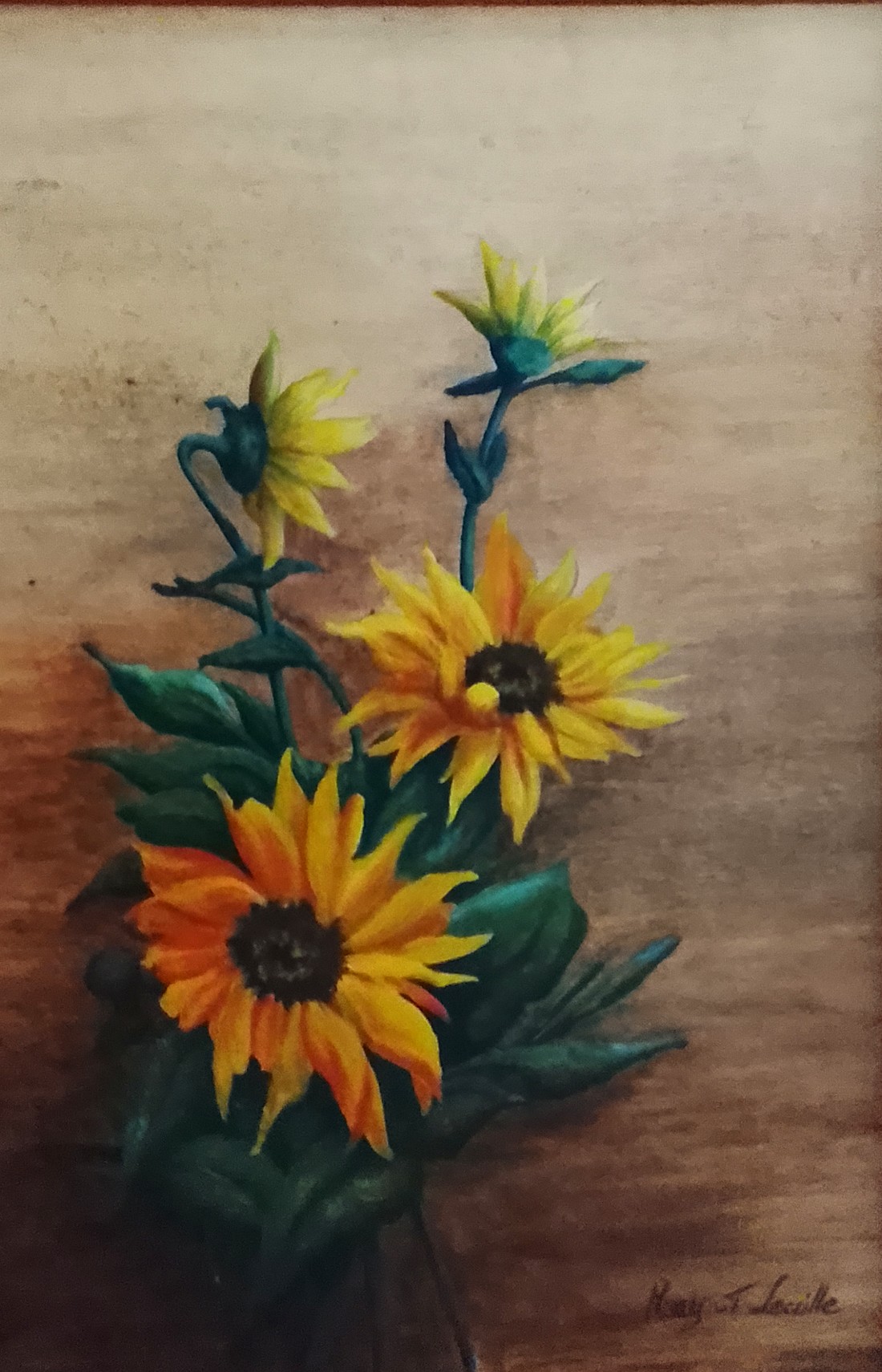 Soleils en cascade — bouquet de tournesols sur fond brun, huile sur toile