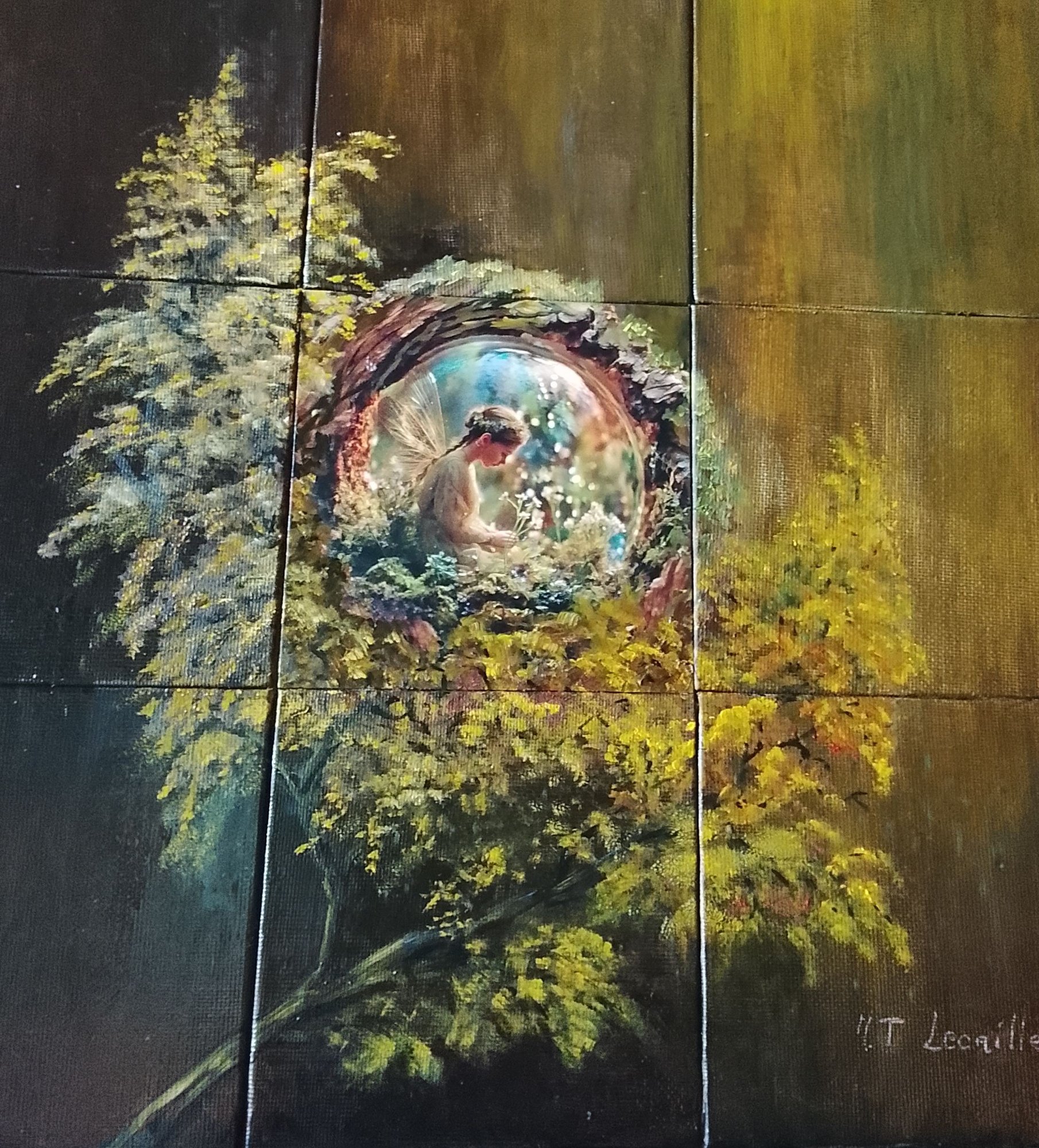 Le refuge n°1 — œuvre hybride Dibond et huile, fée nichée dans une bulle de mousse