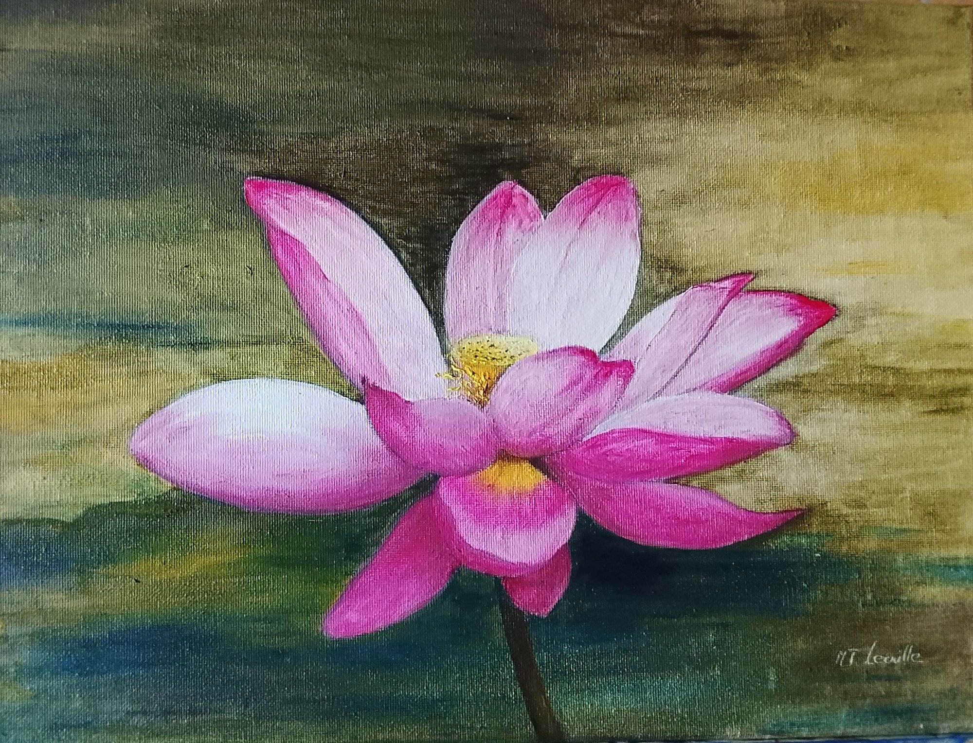 Nénuphar — huile sur toile, fleur de lotus rose épanouie sur l'eau sombre