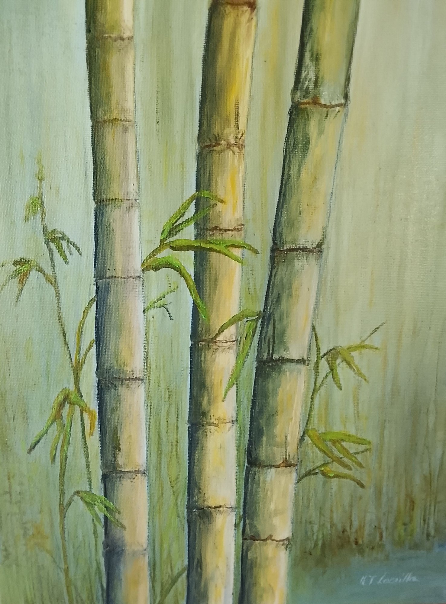 Bambous — huile sur toile, trois tiges de bambou verticales