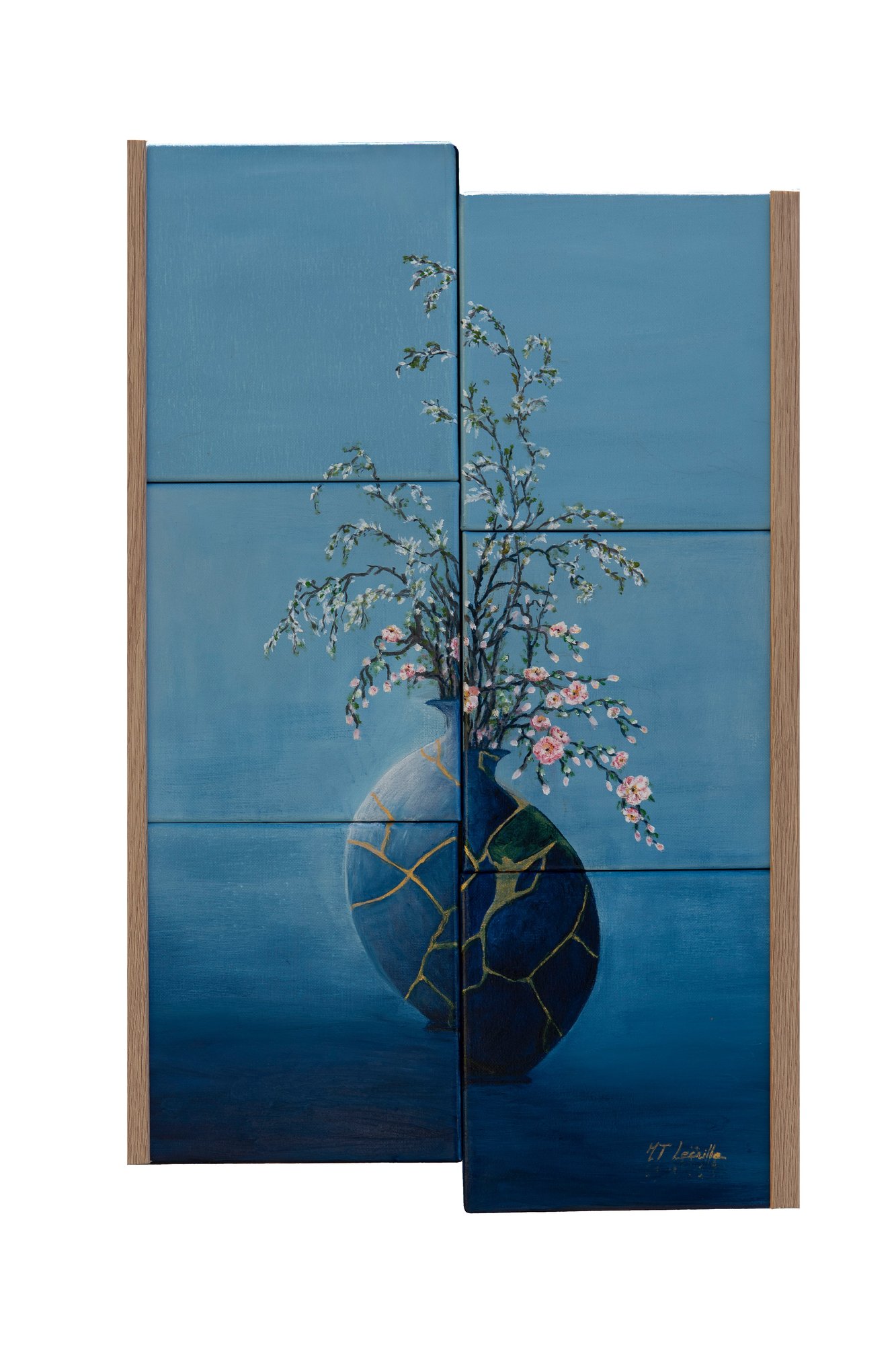 Vase Kintsugi décalé — huile sur toile, diptyque de deux vases fêlés ornés d'or et de branches fleuries