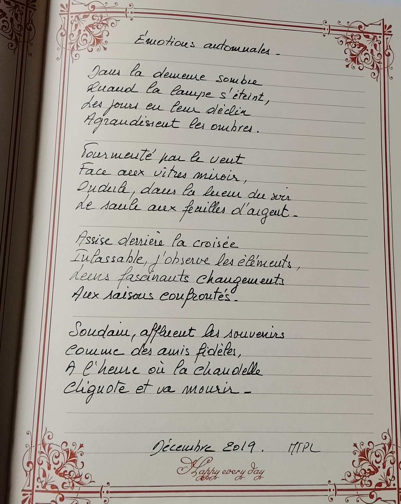 Émotions automnales — manuscrit calligraphié à la plume, signé MTPL décembre 2019