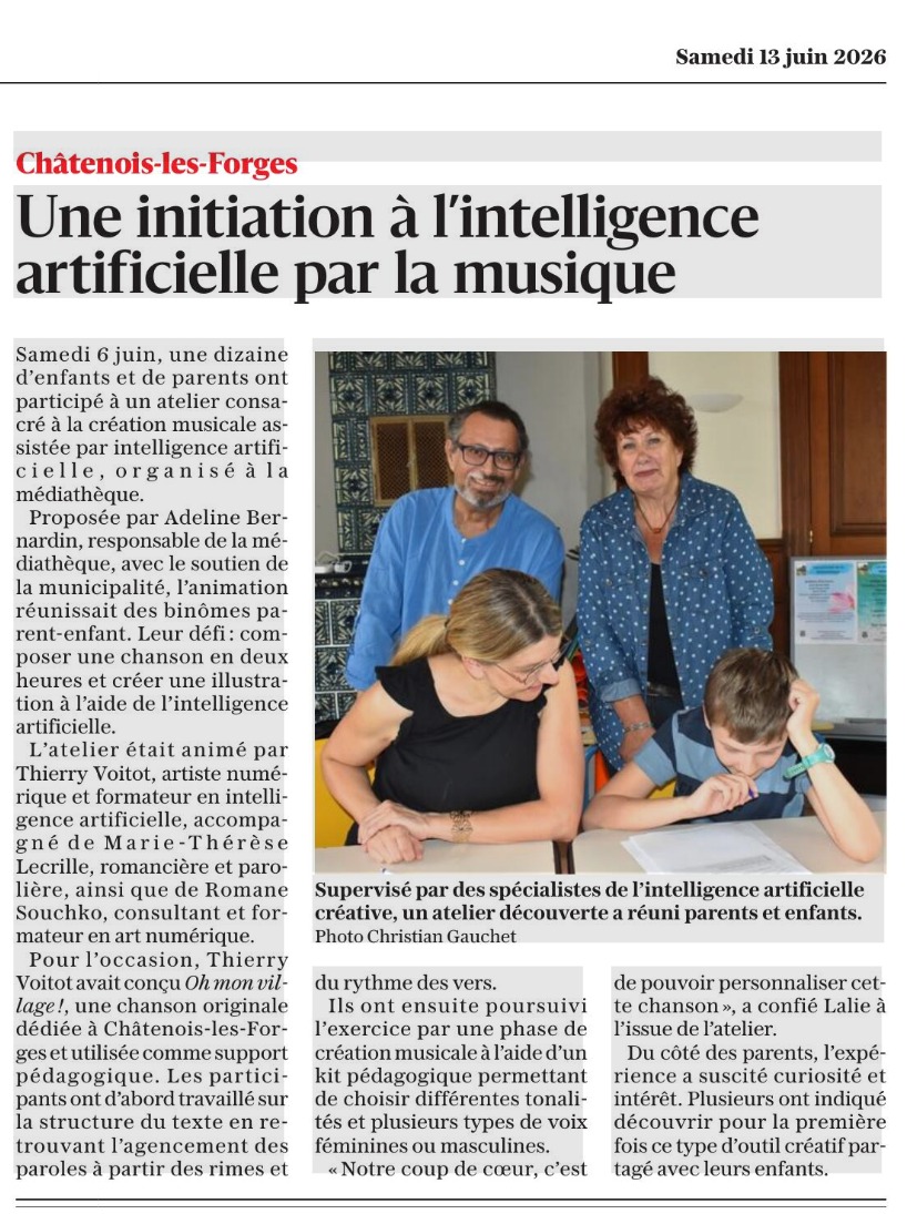 Article de presse — Une initiation à l'intelligence artificielle par la musique, atelier à Châtenois-les-Forges