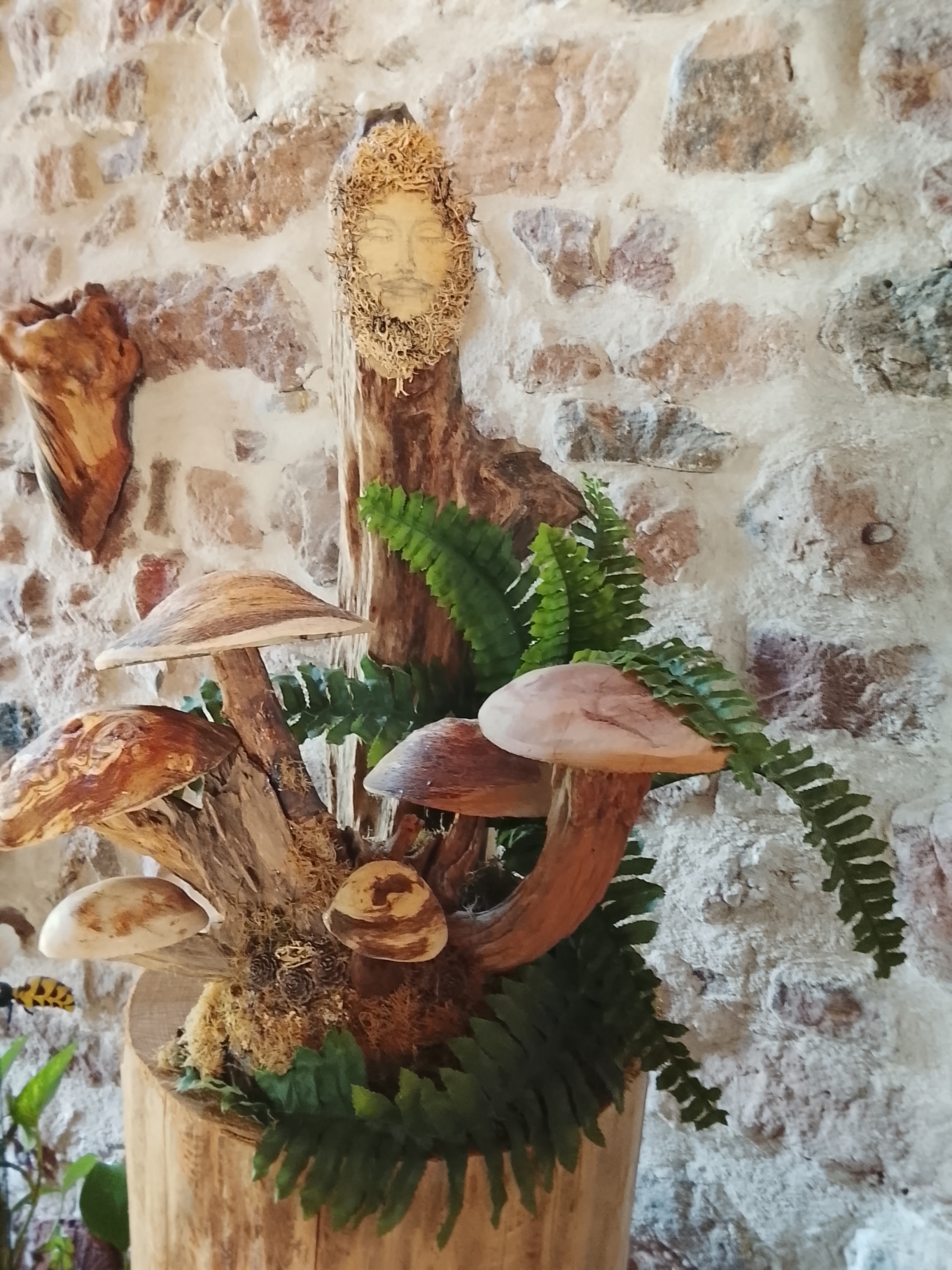 Le Veilleur — visage d'homme barbu émergeant d'un tronc de chêne, entouré de champignons sculptés et de fougères
