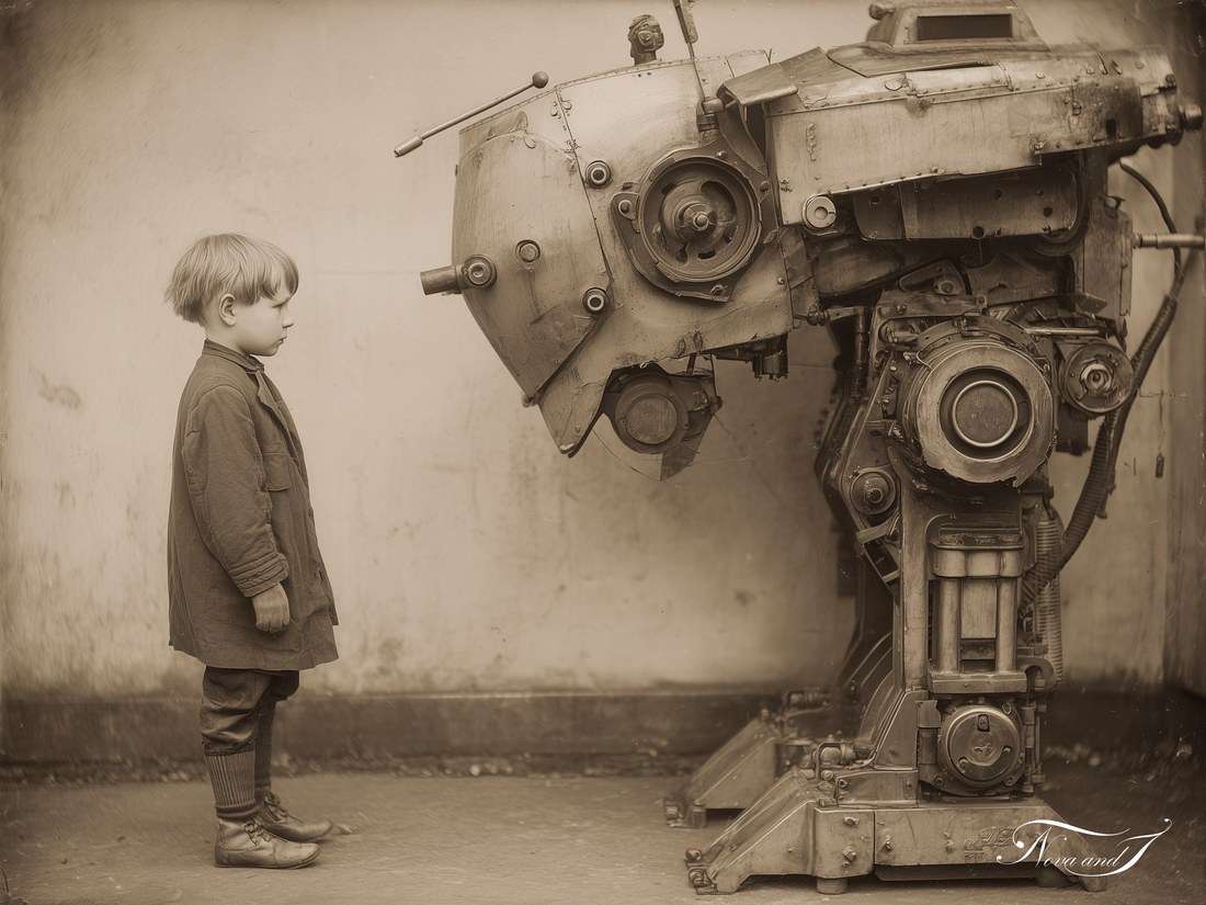 L'Enfant face à la machine — photographie sépia, garçon face à un robot steampunk monumental