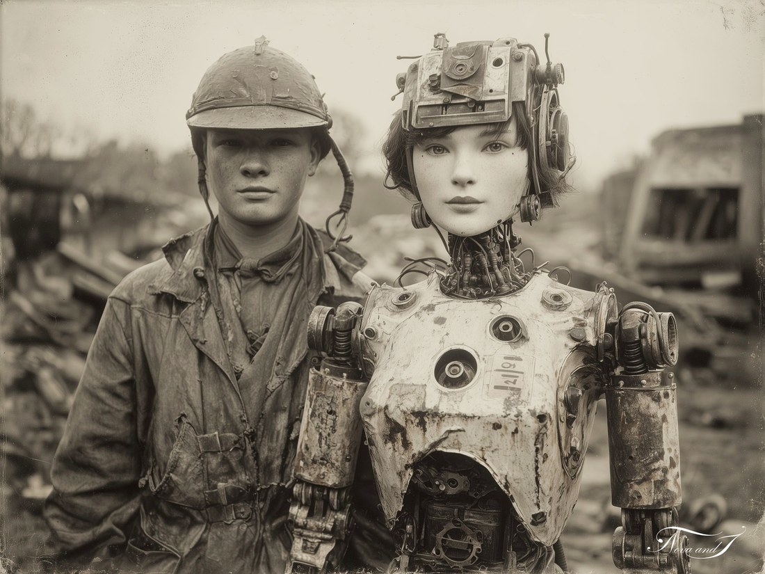 Camarades de route — un poilu et son androïde compagne dans un paysage de ruines