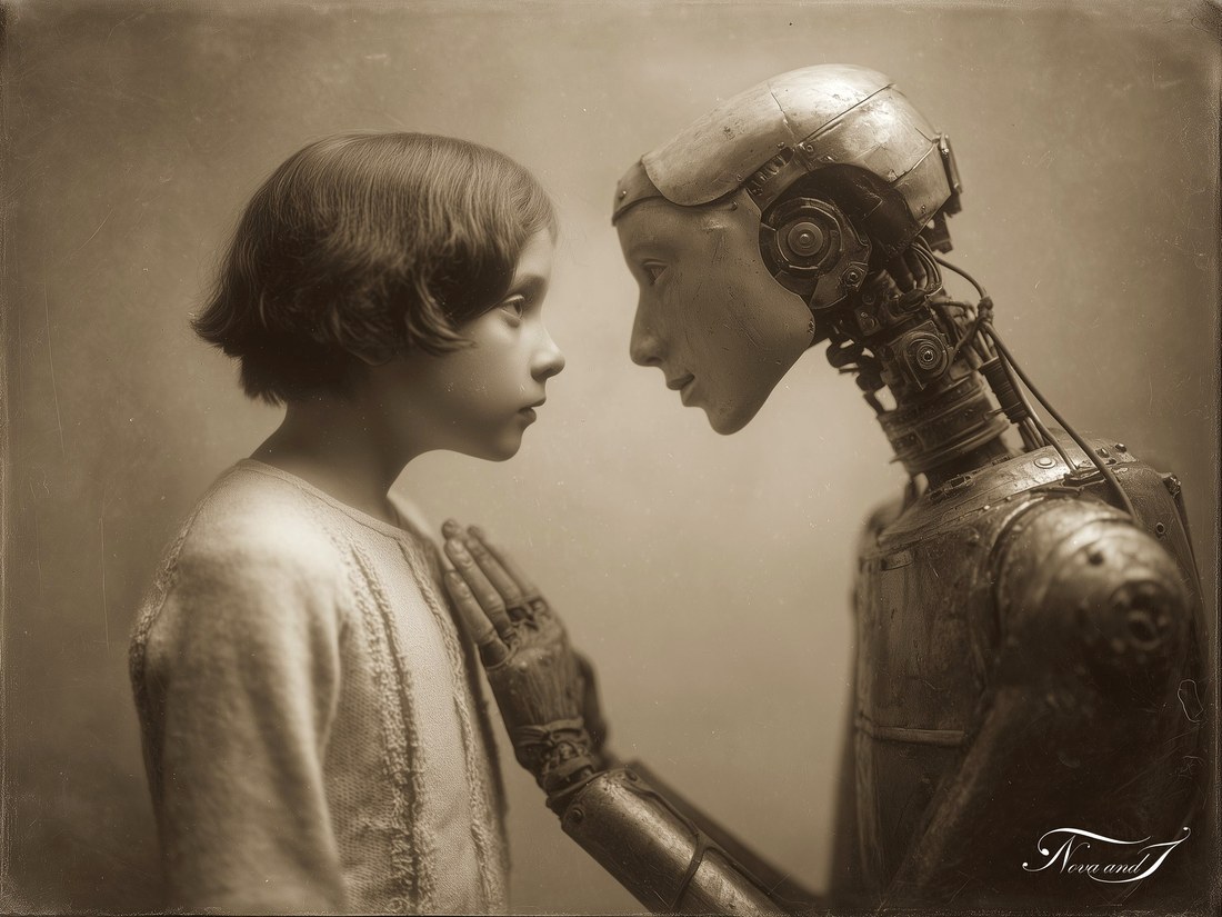 La tendresse hors du temps — un jeune garçon et un androïde se faisant face dans une pose de tendresse