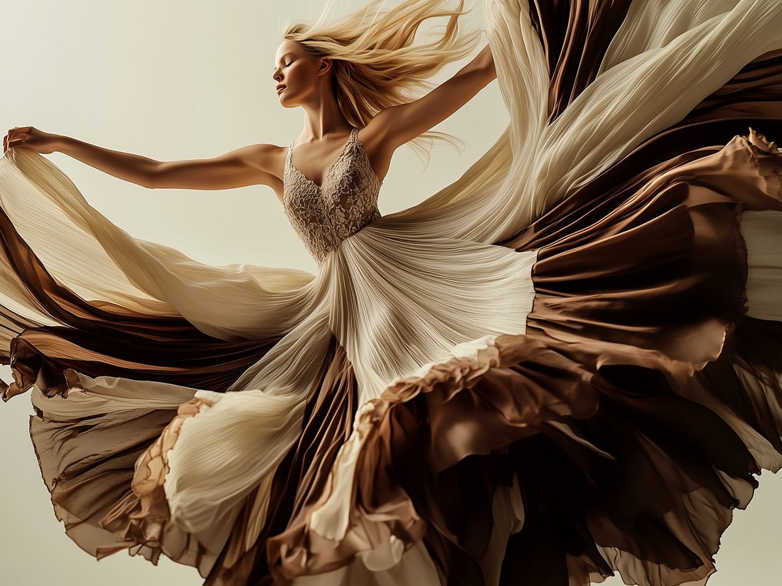 La Valse du Chocolat — danseuse blonde en robe de pétales chocolat blanc, lait et noir en mouvement