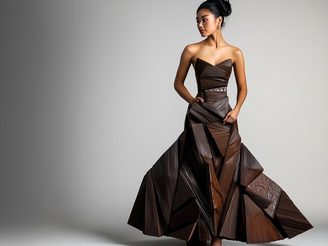 Origami de Cacao — modèle en robe sculpturale aux plis géométriques de chocolat noir