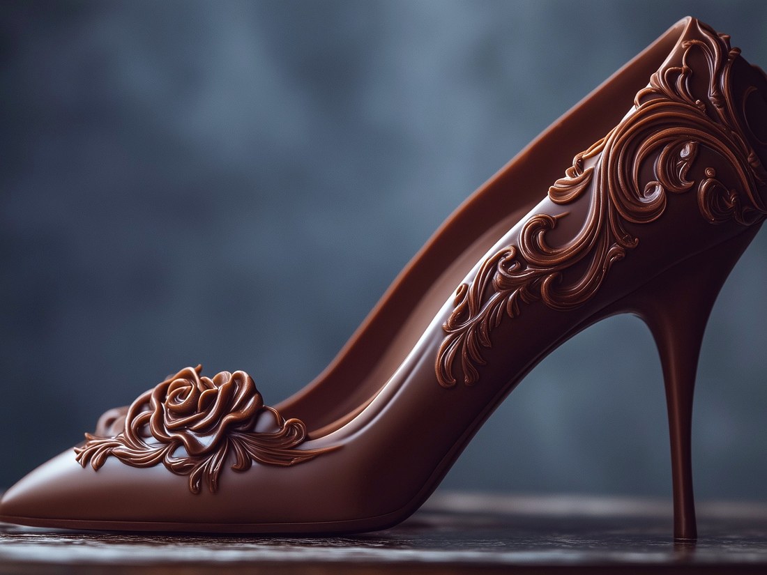 Escarpin de Cacao — soulier de luxe entièrement sculpté en chocolat avec décorations baroques