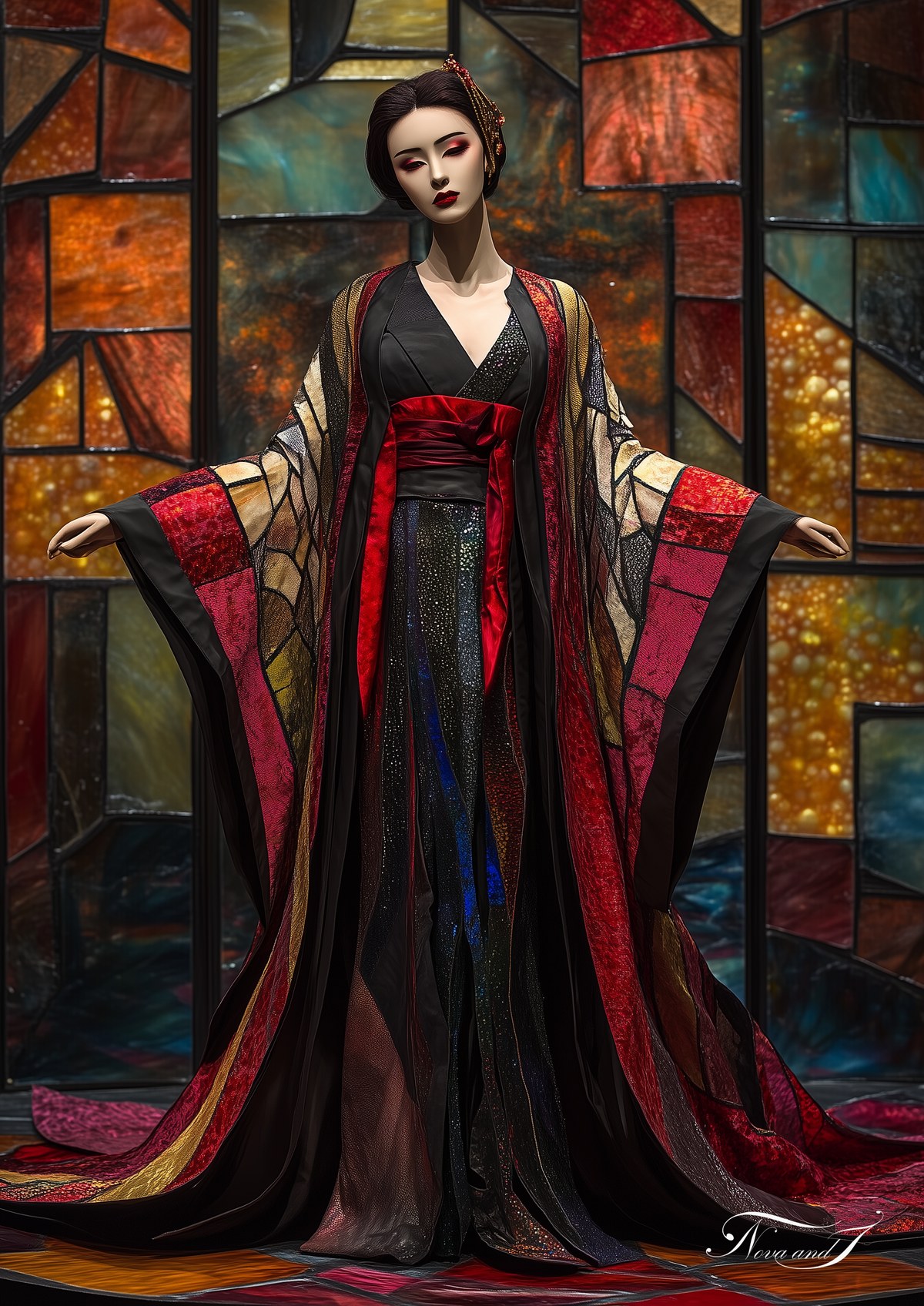 Le Désir — kimono noir et rouge sur fond de vitrail flamboyant