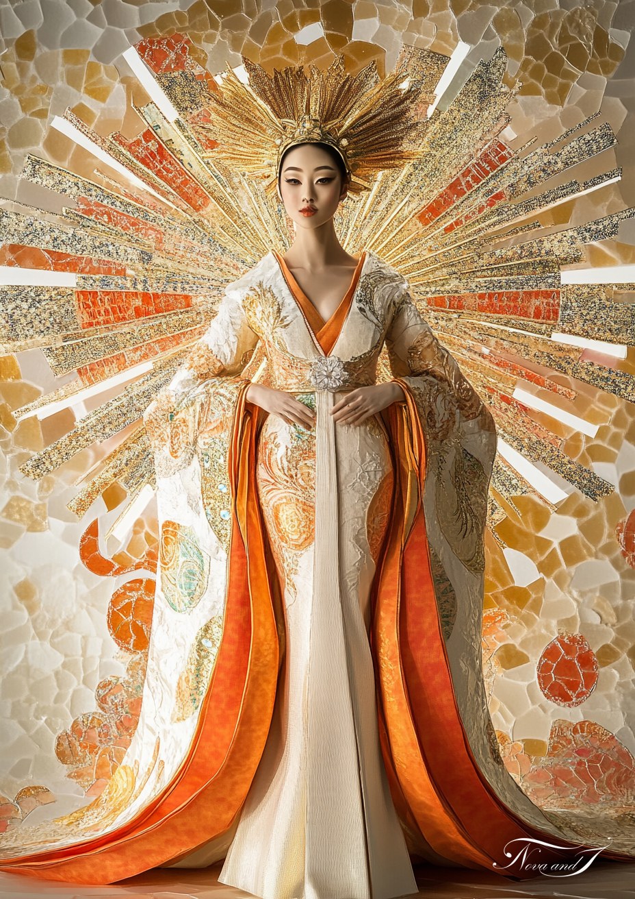 L'Extase — robe ivoire et orange devant une auréole de rayons d'or