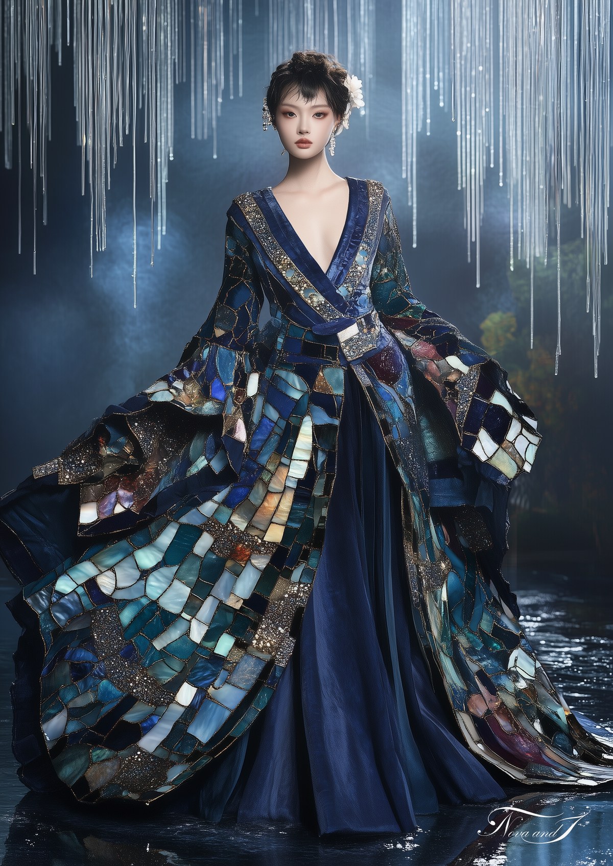Le Rêve — robe bleue mosaïquée sous une pluie de cristal