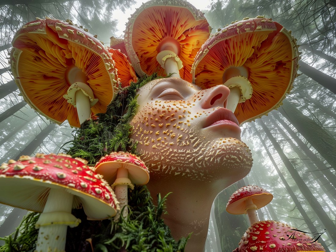 La Couronne de myco — visage humain couronné d'amanites tachetées dans la forêt