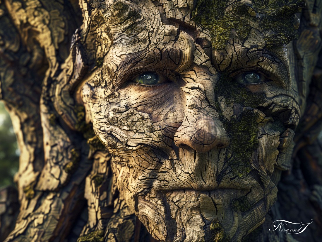 Le Regard de l'arbre — visage humain dans l'écorce, deux yeux verts vivants