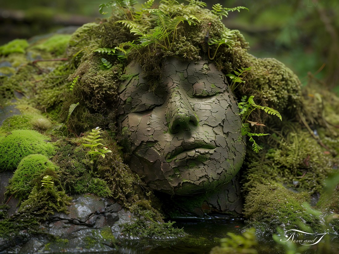 La Lente communion — visage de pierre recouvert de mousse et de fougères
