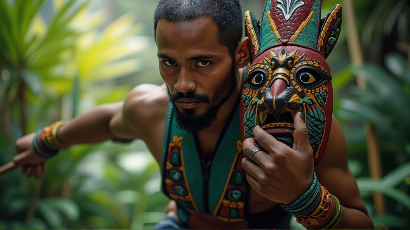 L'Héritier du Quetzal — homme mésoaméricain au masque cérémoniel d'oiseau-dieu, jungle en arrière-plan