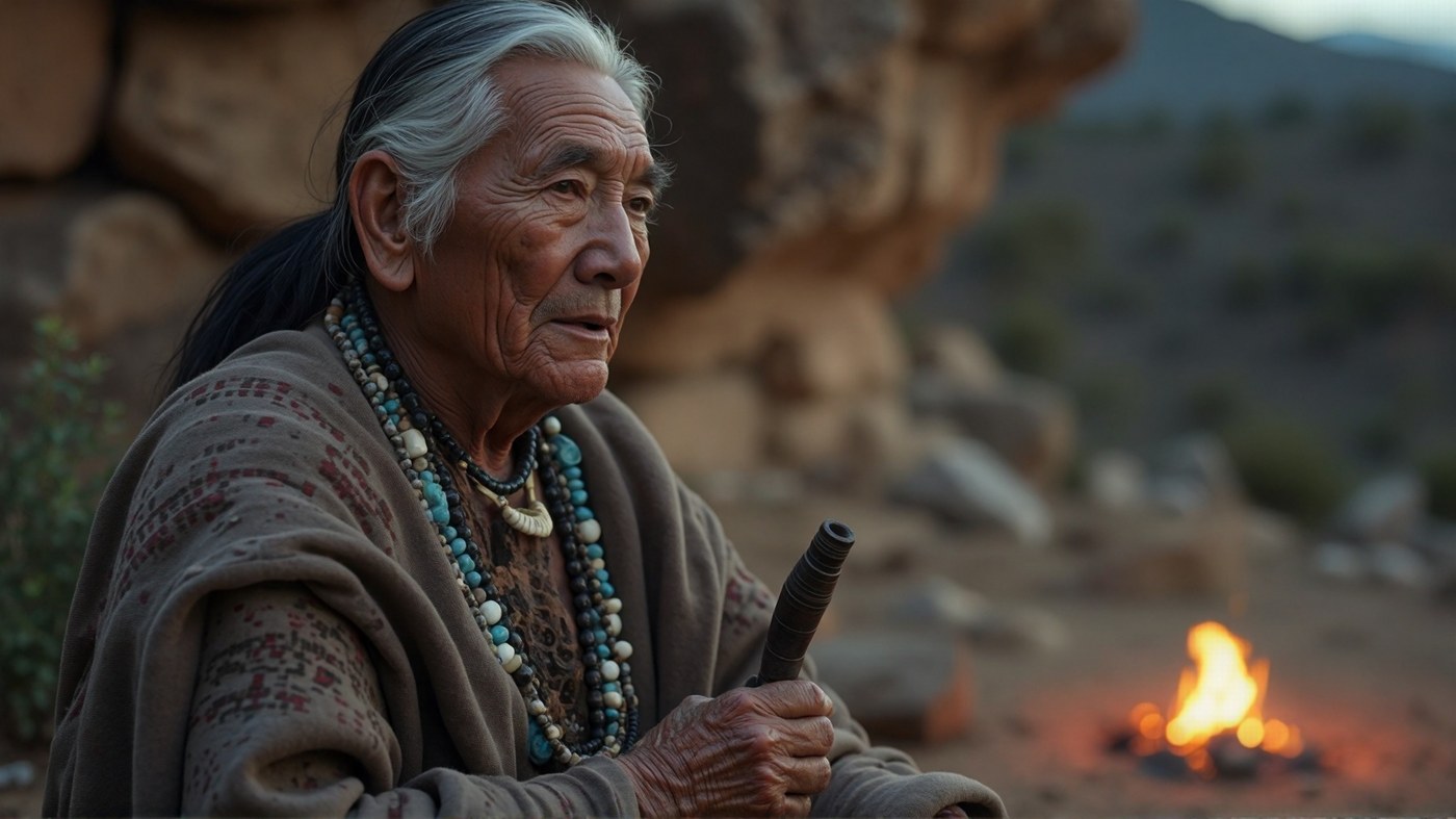 L'Aïeul des Mesas — sage amérindien aux cheveux argentés, calumet à la main, feu au crépuscule