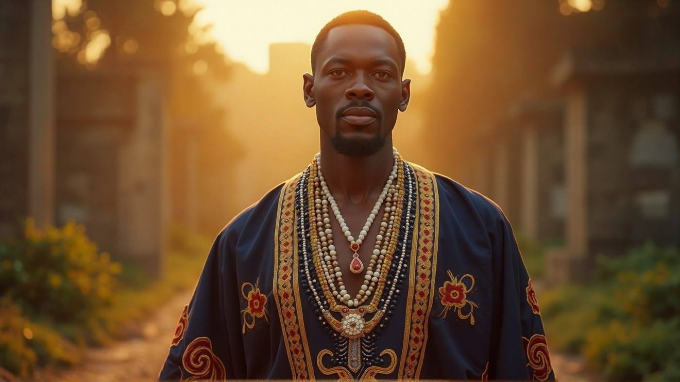 Le Prince d'Ifé — homme yoruba en boubou bleu nuit brodé d'or, parures de perles, lumière du couchant