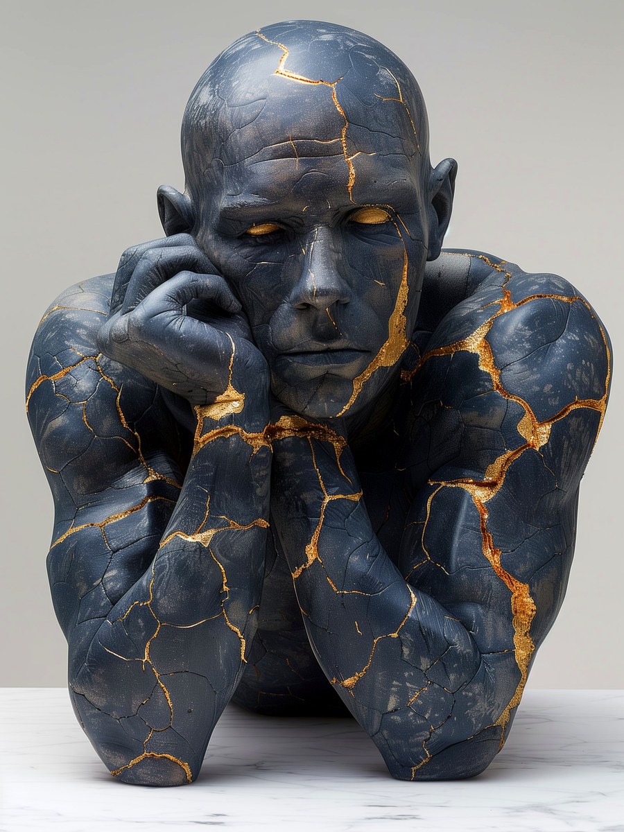 La contemplation abyssale — portrait kintsugi bleu profond, fissures dorées