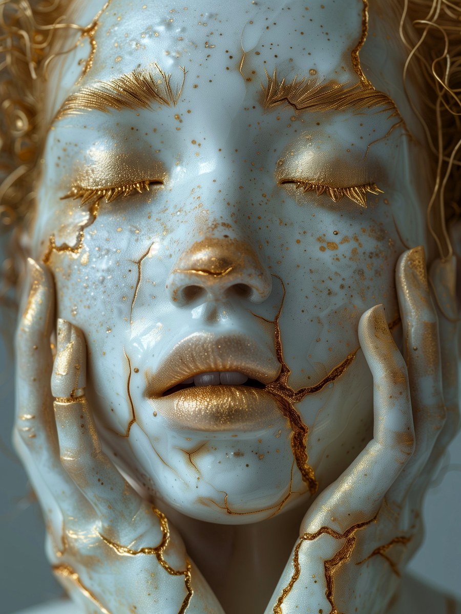 La tendresse infinie — portrait kintsugi crème et or, mains qui encadrent le visage