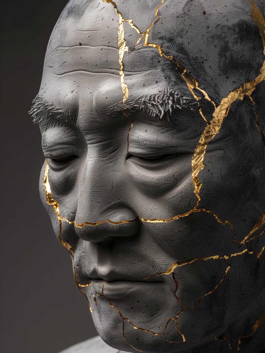 La sagesse ancestrale — portrait kintsugi pierre grise, méditation en or