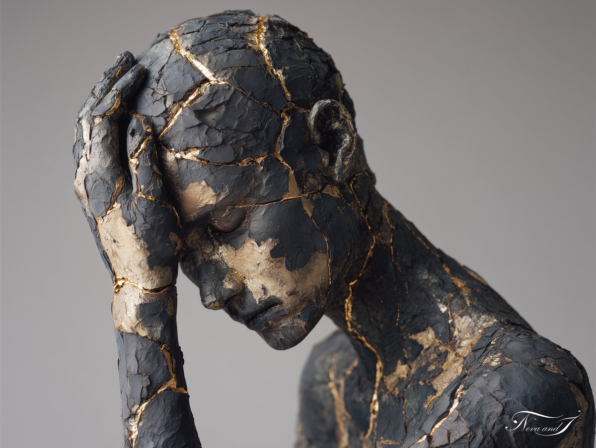 La mémoire fracturée — sculpture kintsugi, main soutenant la tête inclinée