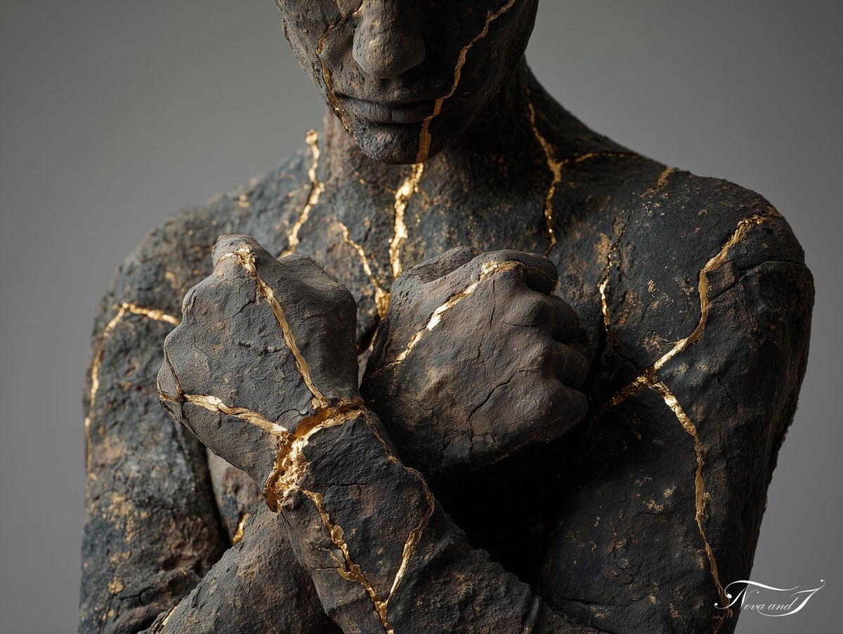 La Résistance intérieure — sculpture kintsugi, poings serrés contre la poitrine