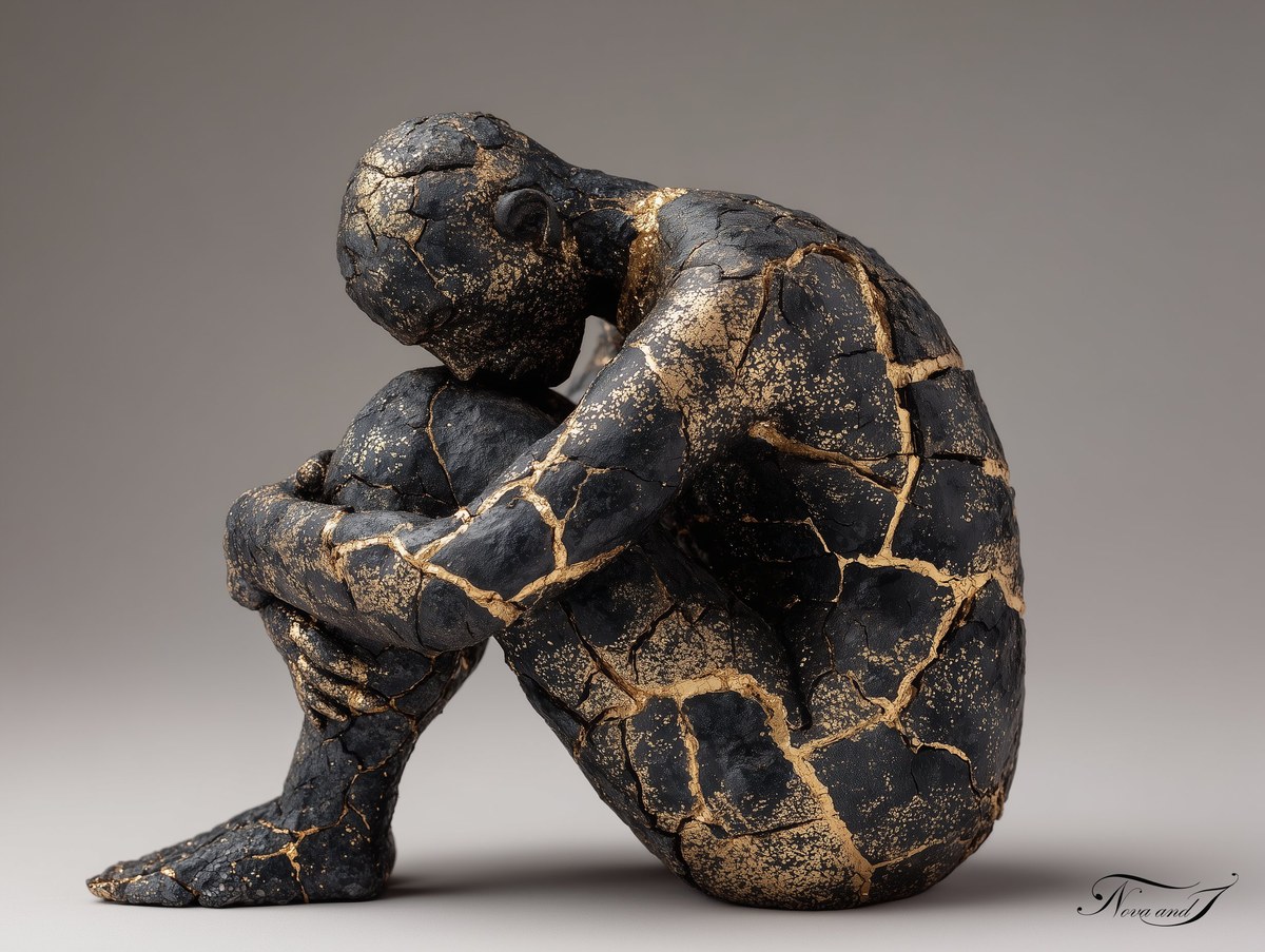 L'épuisement — sculpture kintsugi, corps replié sur lui-même